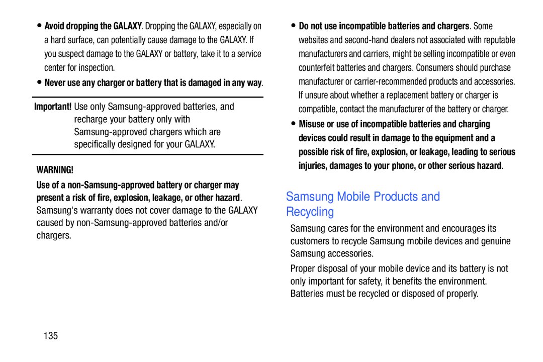 Samsung SM-T110NYKAXAR, SM/T110NYKAX, SMT110NYKAXAR, SMT110NDWAXAR user manual Samsung Mobile Products and Recycling, 135 