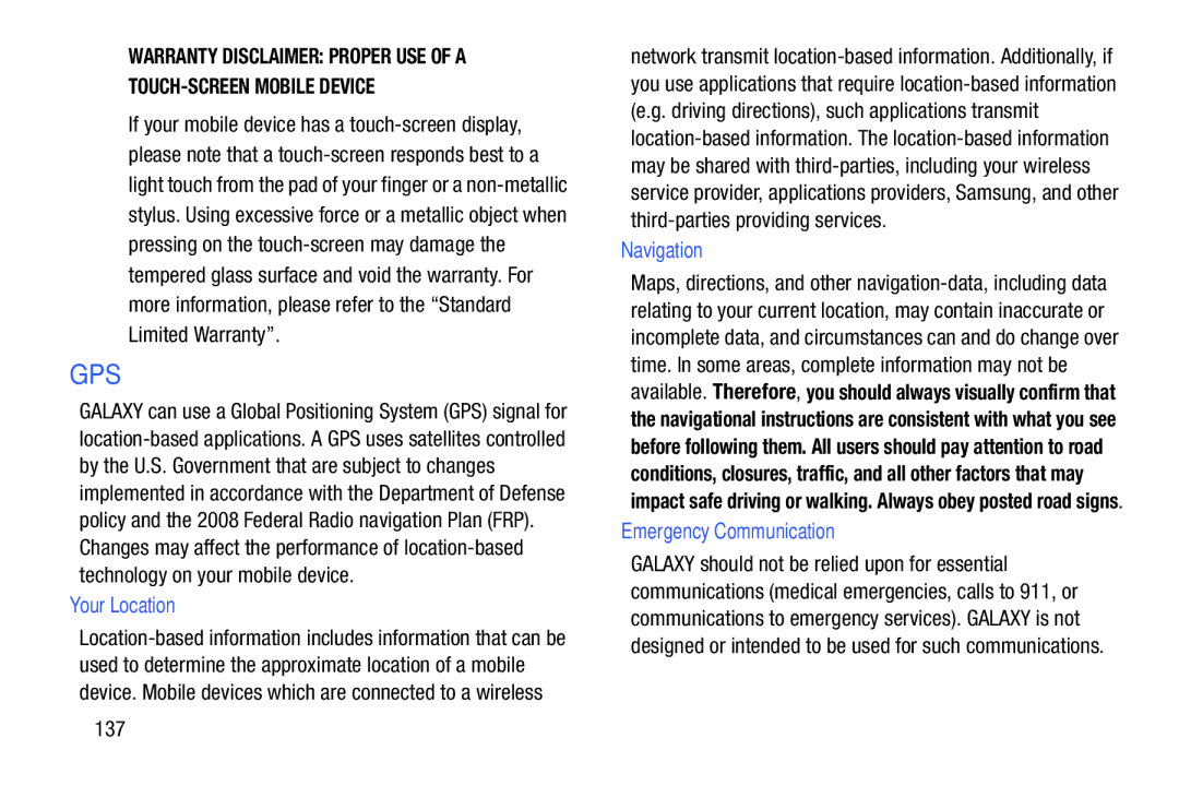 Samsung SM/T110NYKAX, SM-T110NYKAXAR, SMT110NYKAXAR user manual Your Location, Navigation, Emergency Communication, 137 
