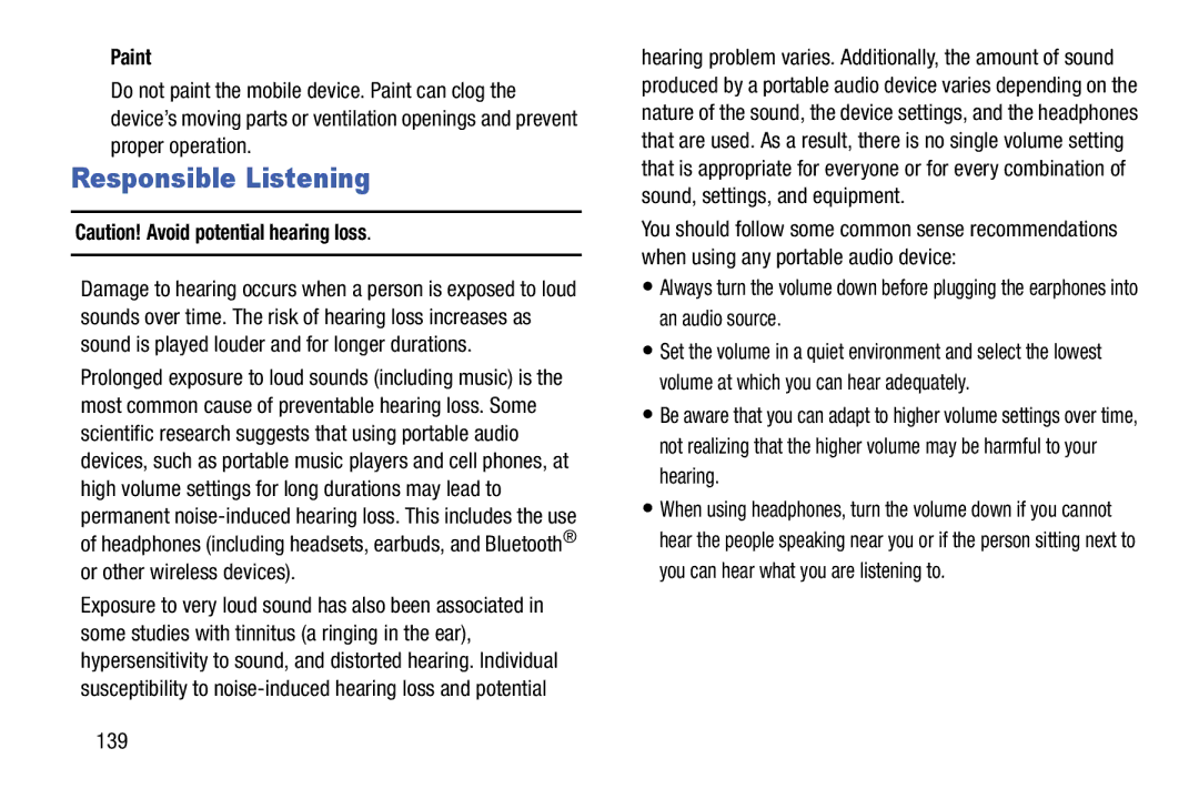 Samsung SMT110NDWAXAR, SM-T110NYKAXAR, SM/T110NYKAX, SMT110NYKAXAR user manual Responsible Listening, Paint, 139 