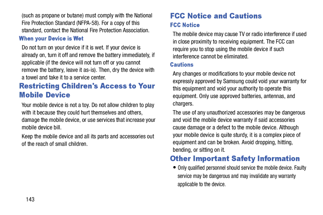 Samsung SMT110NYKAXAR Restricting Childrens Access to Your Mobile Device, FCC Notice and Cautions, When your Device is Wet 