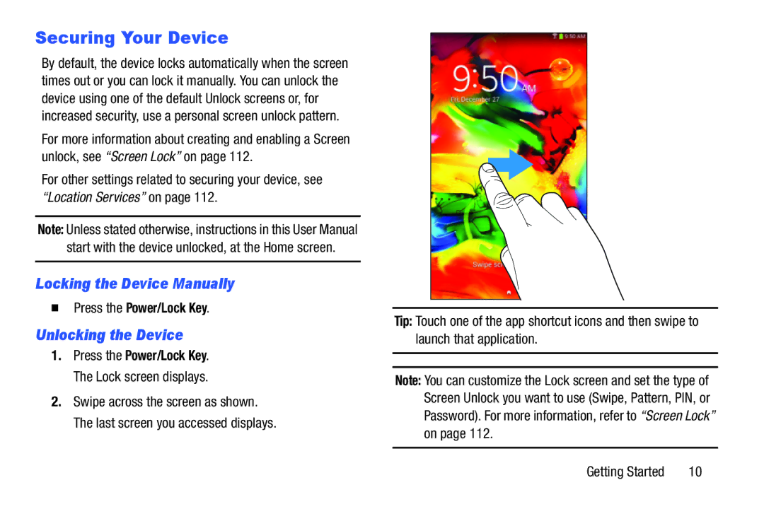 Samsung SM-T110 Securing Your Device, Locking the Device Manually, Unlocking the Device,  Press the Power/Lock Key 