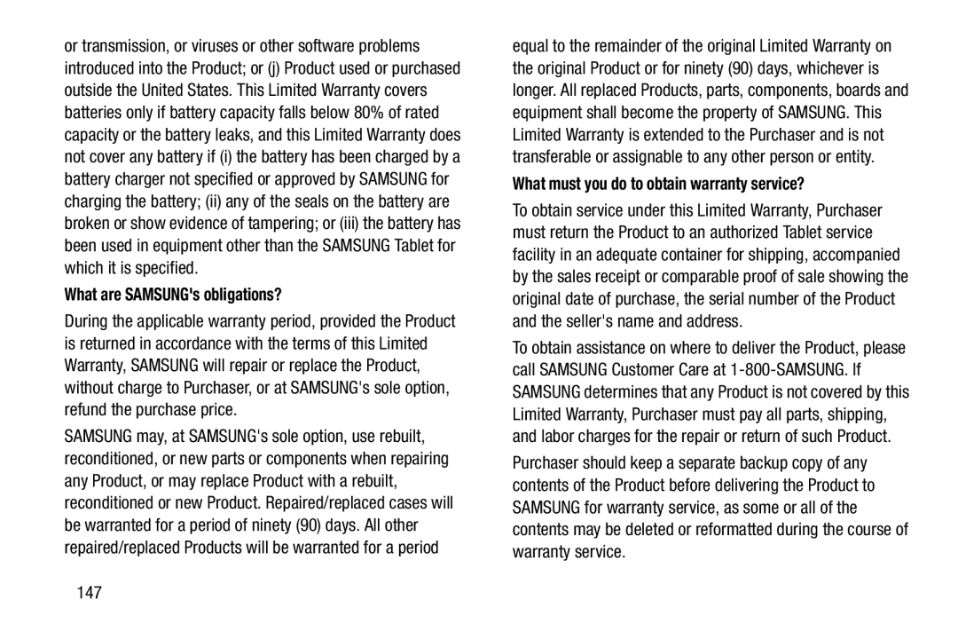 Samsung SM/T110NYKAX, SM-T110 user manual What are SAMSUNGs obligations?, What must you do to obtain warranty service?, 147 