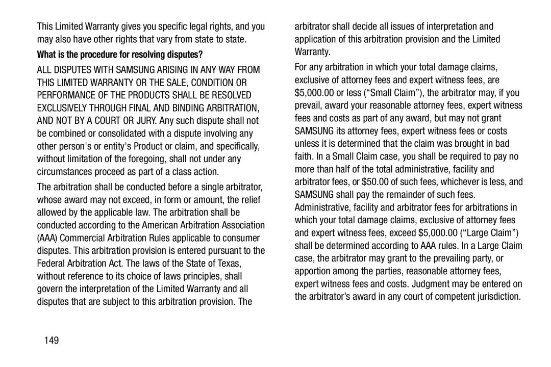 Samsung SMT110NDWAXAR, SM-T110NYKAXAR, SM/T110NYKAX, SMT110NYKAXAR What is the procedure for resolving disputes?, 149 