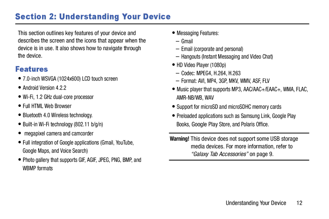 Samsung SM/T110NYKAX, SM-T110 Understanding Your Device, Features, Support for microSD and microSDHC memory cards 