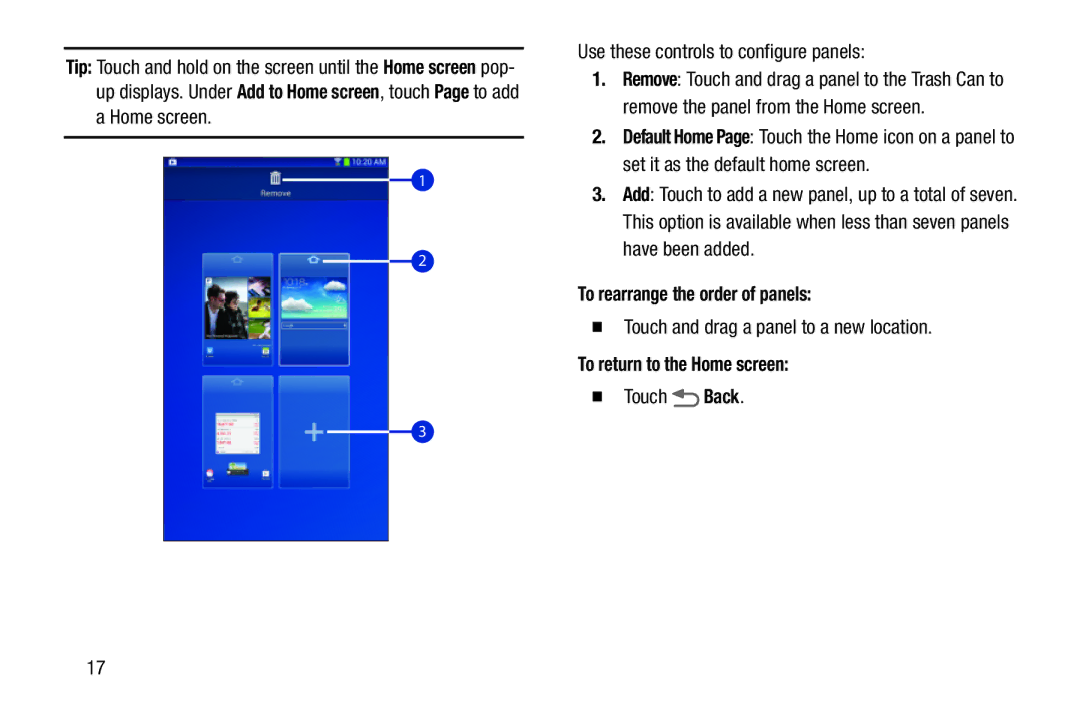 Samsung SM/T110NYKAX, SM-T110 Use these controls to configure panels, To rearrange the order of panels,  Touch Back 