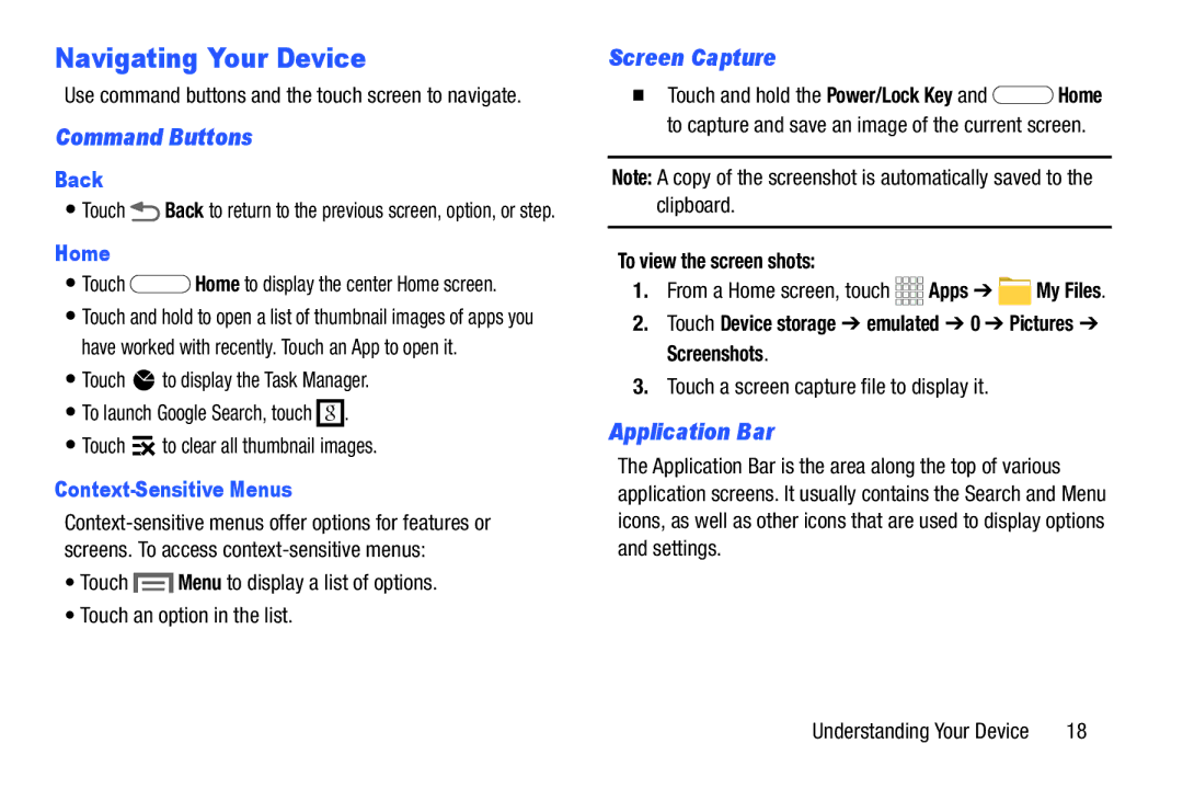 Samsung SMT110NYKAXAR, SM-T110NYKAXAR Navigating Your Device, Command Buttons, Screen Capture, Application Bar 