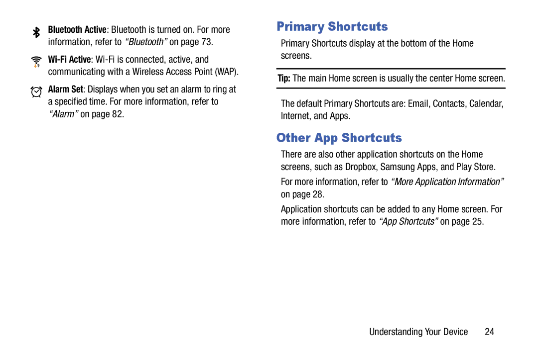 Samsung SMT110NDWAXAR, SM-T110 Other App Shortcuts, Primary Shortcuts display at the bottom of the Home screens 