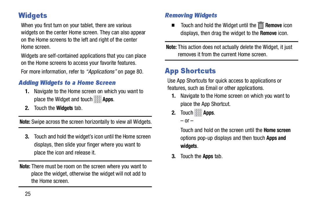 Samsung SM-T110NYKAXAR, SM/T110NYKAX, SMT110NYKAXAR App Shortcuts, Adding Widgets to a Home Screen, Removing Widgets 