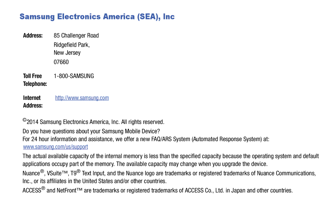 Samsung SMT110NDWAXAR, SM-T110NYKAXAR, SM/T110NYKAX user manual Samsung Electronics America SEA, Inc, Telephone Address 