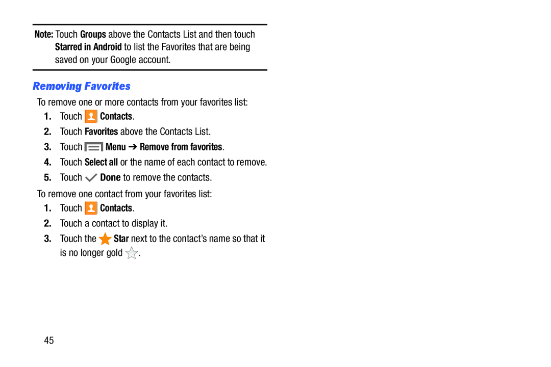 Samsung SM-T110NYKAXAR, SM/T110NYKAX Removing Favorites, To remove one or more contacts from your favorites list 