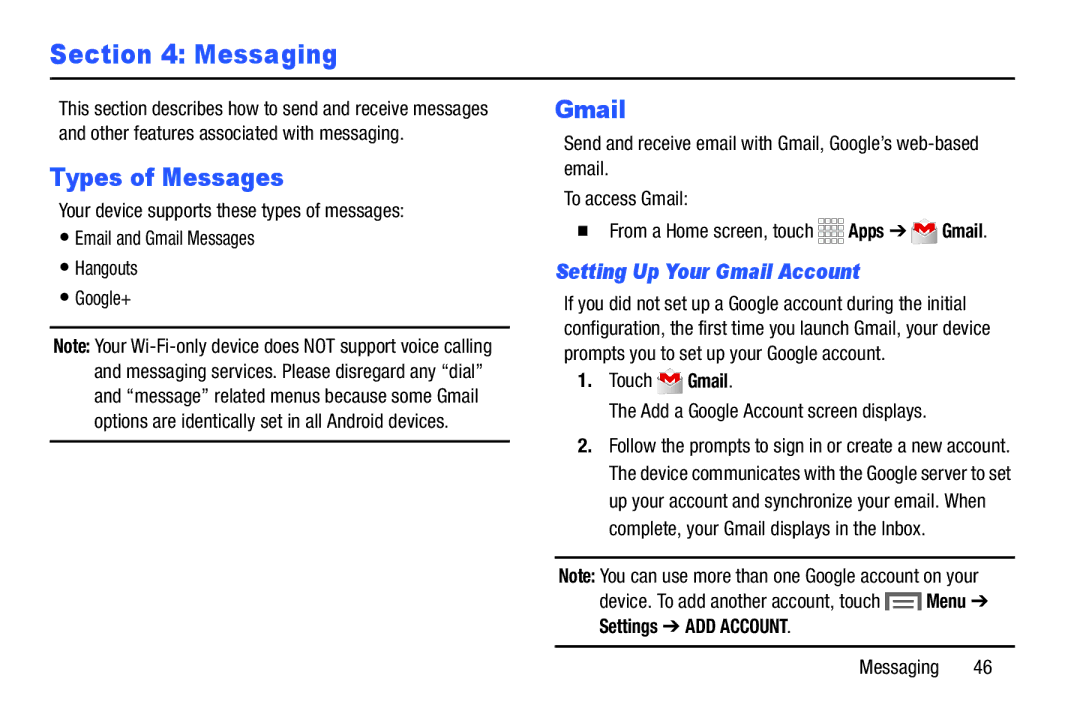 Samsung SM-T110NYKAXAR, SM/T110NYKAX Messaging, Types of Messages, Setting Up Your Gmail Account, Settings ADD Account 