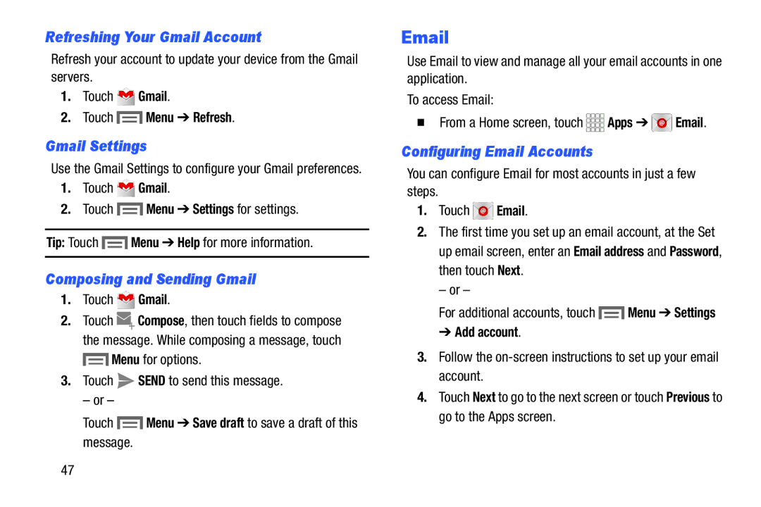 Samsung SM/T110NYKAX, SM-T110NYKAXAR Refreshing Your Gmail Account, Gmail Settings, Composing and Sending Gmail 