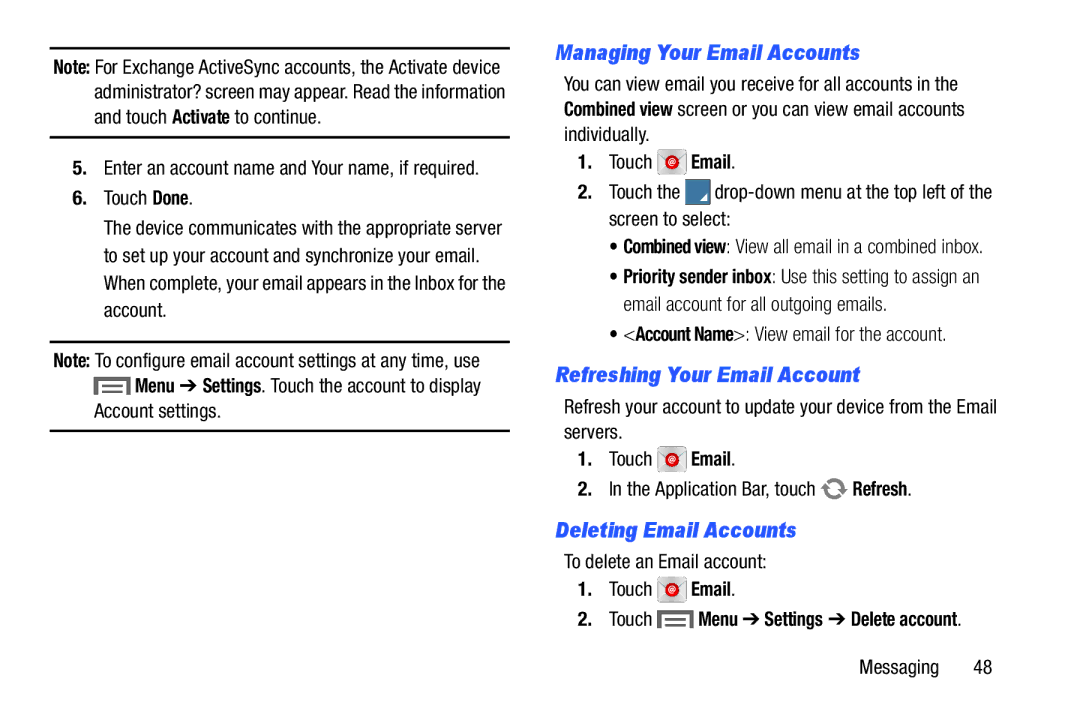 Samsung SMT110NYKAXAR, SM-T110 Managing Your Email Accounts, Refreshing Your Email Account, Deleting Email Accounts 