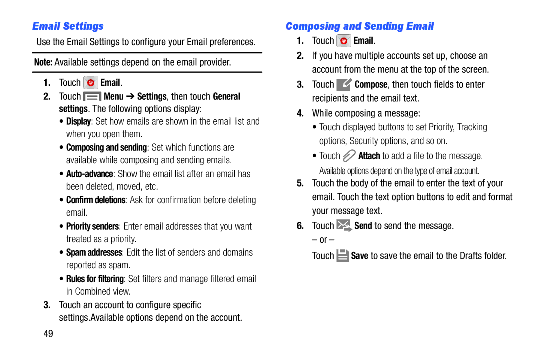 Samsung SMT110NDWAXAR, SM-T110NYKAXAR user manual Email Settings, Composing and Sending Email, While composing a message 