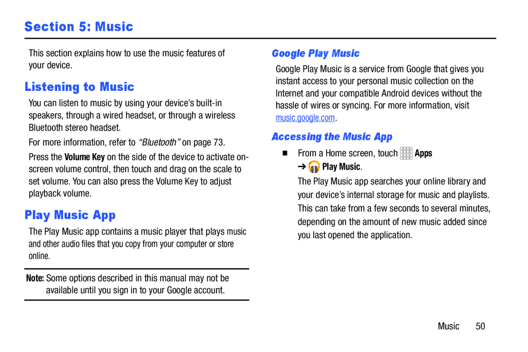 Samsung SM-T110NYKAXAR, SM/T110NYKAX Listening to Music, Play Music App, Google Play Music, Accessing the Music App 