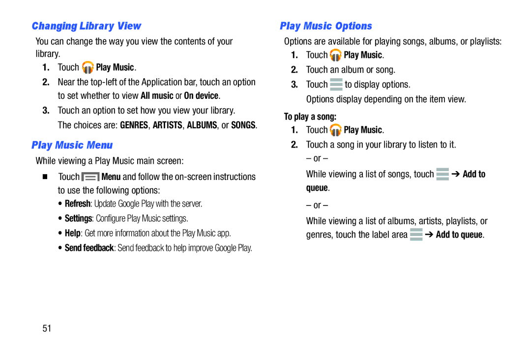 Samsung SM-T110NYKAXAR, SM/T110NYKAX Changing Library View, Play Music Menu, Play Music Options, Touch Play Music 