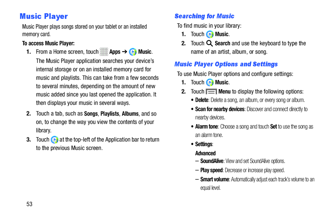 Samsung SMT110NYKAXAR, SM-T110 Searching for Music, Music Player Options and Settings, To access Music Player 