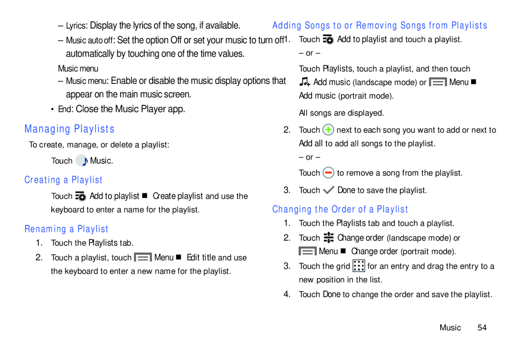 Samsung SMT110NDWAXAR, SM-T110NYKAXAR Managing Playlists, Music menu, Creating a Playlist, Renaming a Playlist 