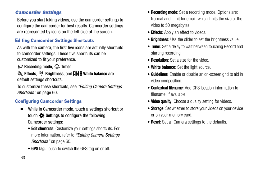 Samsung SMT110NYKAXAR, SM-T110NYKAXAR Editing Camcorder Settings Shortcuts, Configuring Camcorder Settings 