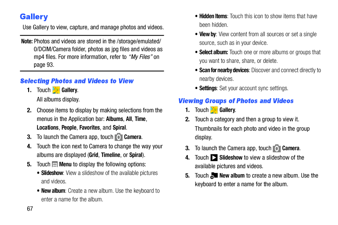 Samsung SM/T110NYKAX, SM-T110 Selecting Photos and Videos to View, Viewing Groups of Photos and Videos, Touch Gallery 