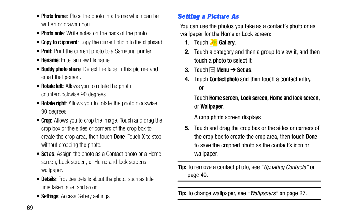 Samsung SMT110NDWAXAR, SM-T110NYKAXAR Setting a Picture As, Settings Access Gallery settings, Touch Menu Set as 