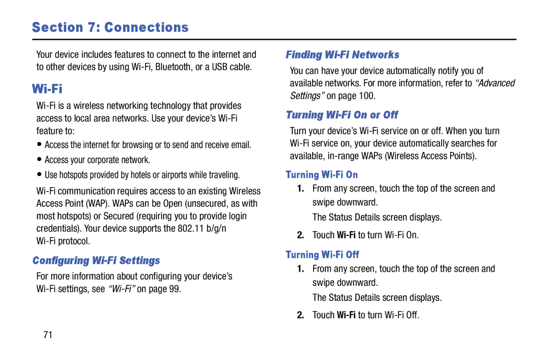 Samsung SM-T110NYKAXAR Connections, Configuring Wi-Fi Settings, Finding Wi-Fi Networks, Turning Wi-Fi On or Off 