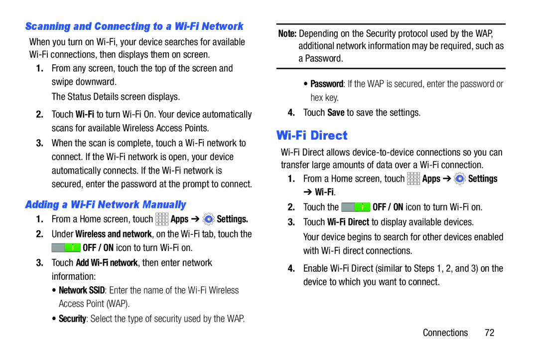 Samsung SM/T110NYKAX, SM-T110NYKAXAR, SMT110NYKAXAR user manual Wi-Fi Direct, Adding a Wi-Fi Network Manually, Connections 