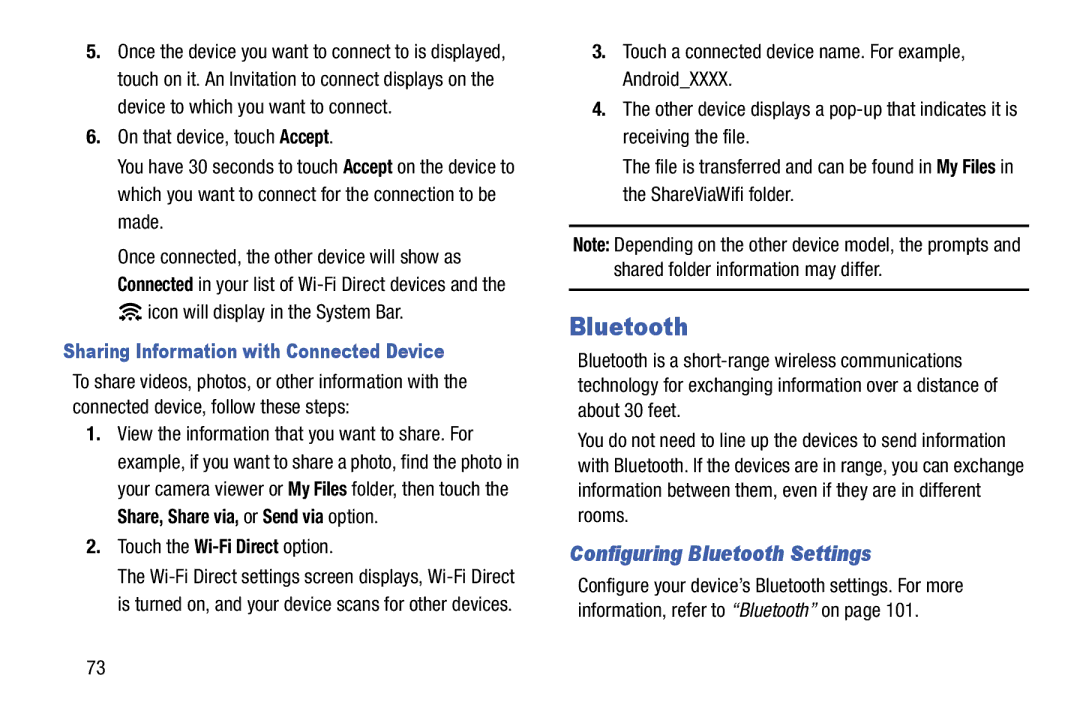 Samsung SMT110NYKAXAR, SM-T110, SM/T110NYKAX Configuring Bluetooth Settings, Sharing Information with Connected Device 