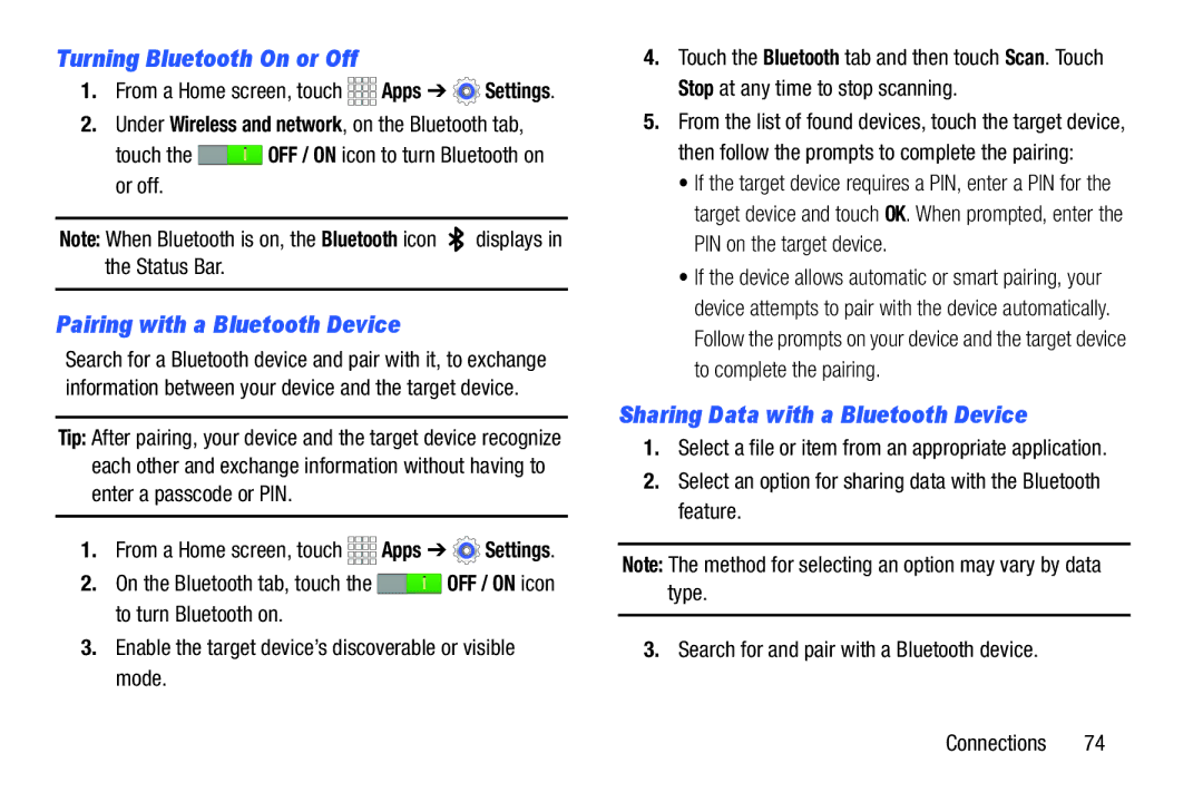 Samsung SMT110NDWAXAR Turning Bluetooth On or Off, Pairing with a Bluetooth Device, Sharing Data with a Bluetooth Device 