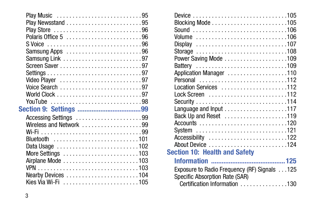 Samsung SMT110NYKAXAR, SM-T110NYKAXAR, SM/T110NYKAX, SMT110NDWAXAR user manual Health and Safety, 125 