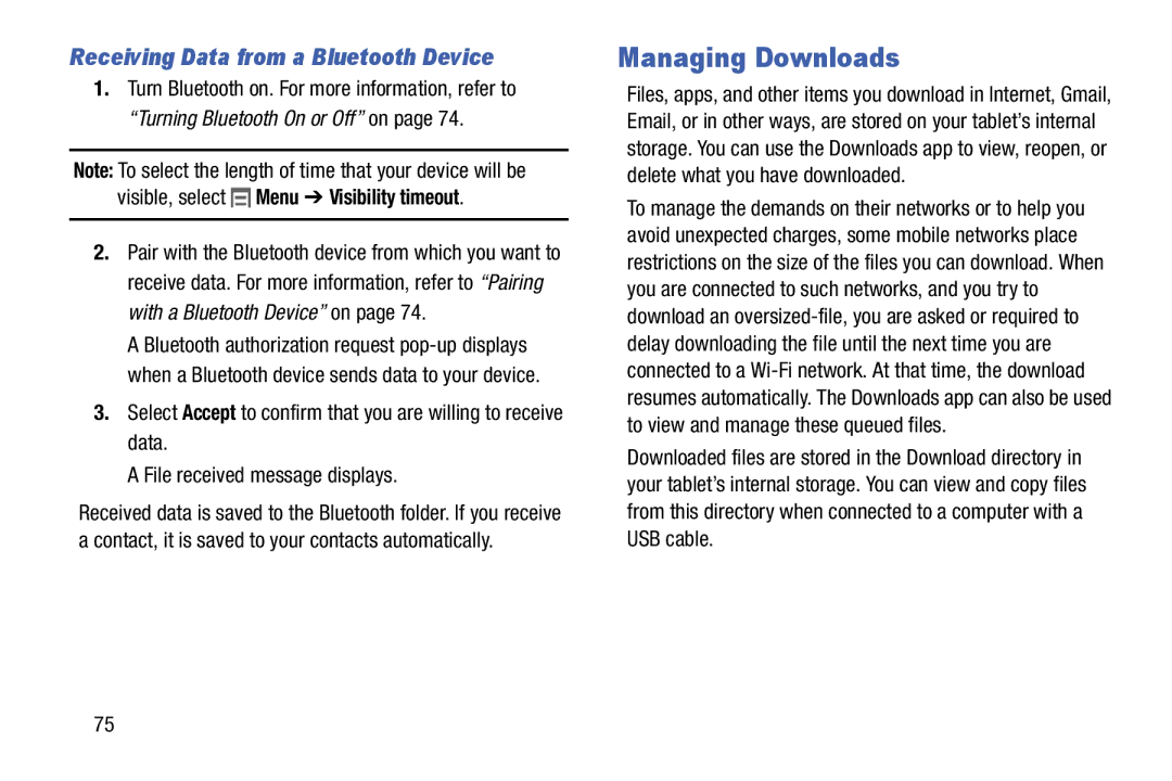 Samsung SM-T110NYKAXAR, SM/T110NYKAX, SMT110NYKAXAR user manual Managing Downloads, Receiving Data from a Bluetooth Device 