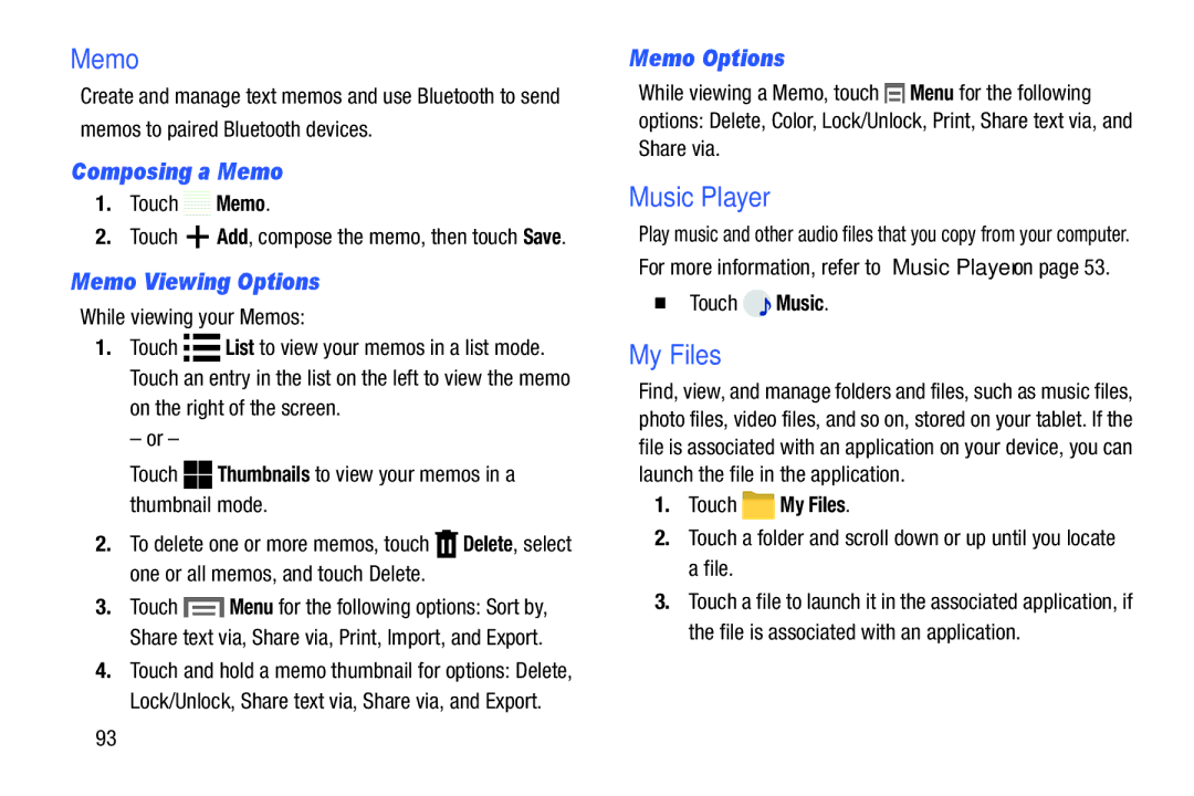 Samsung SMT110NYKAXAR, SM-T110NYKAXAR, SM/T110NYKAX My Files, Composing a Memo, Memo Viewing Options, Memo Options 