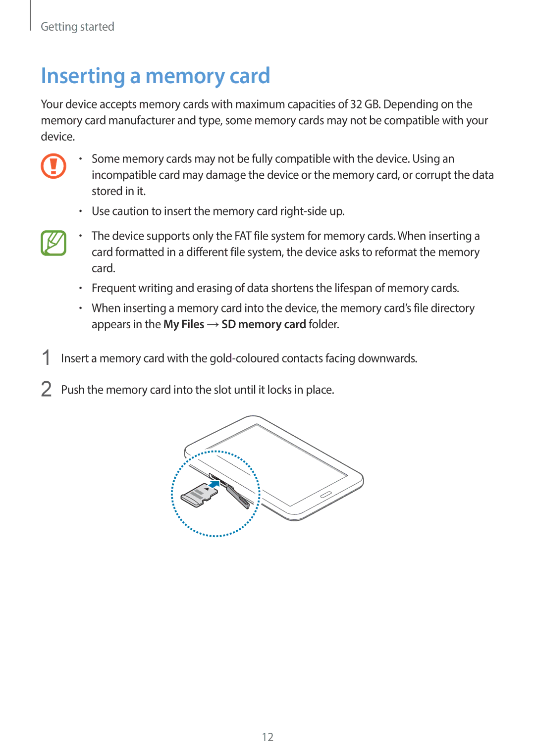 Samsung SM-T110 user manual Inserting a memory card 