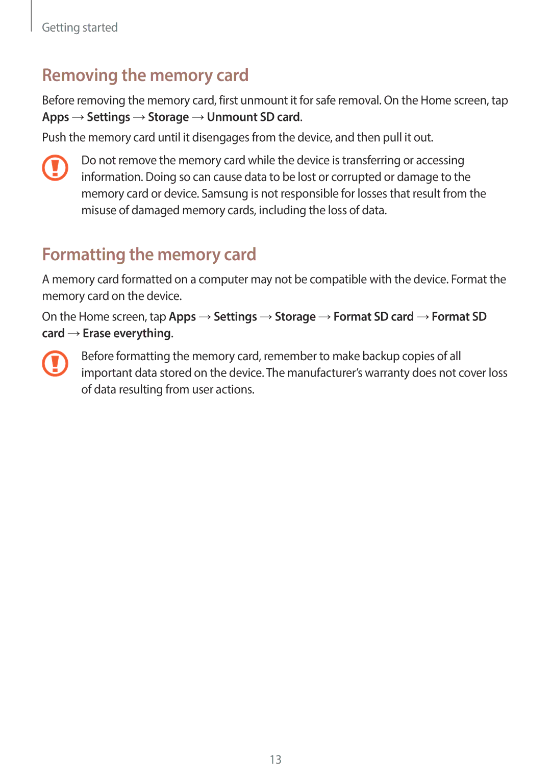 Samsung SM-T110 user manual Removing the memory card, Formatting the memory card 