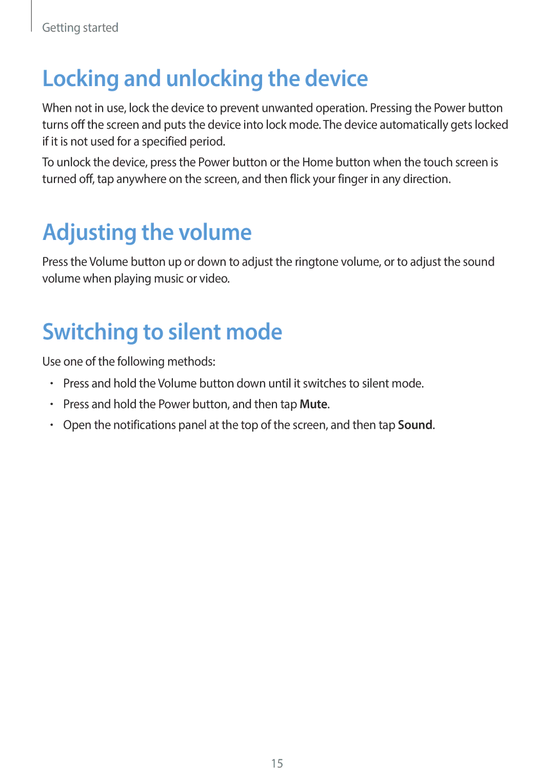 Samsung SM-T110 user manual Locking and unlocking the device, Adjusting the volume, Switching to silent mode 