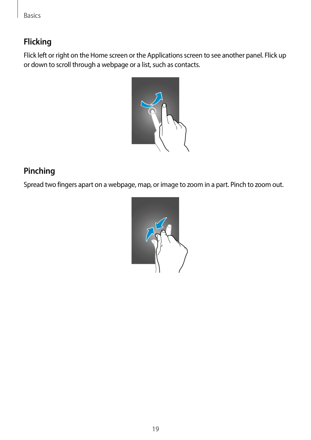 Samsung SM-T110 user manual Flicking, Pinching 