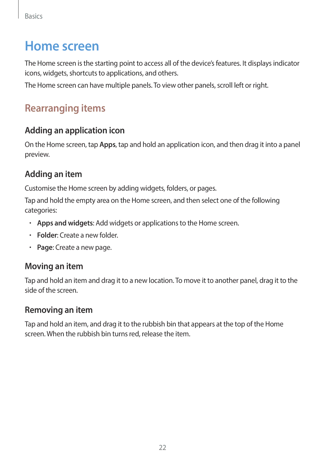 Samsung SM-T110 user manual Home screen, Rearranging items 