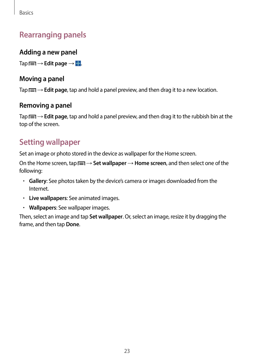 Samsung SM-T110 user manual Rearranging panels, Setting wallpaper, Adding a new panel, Moving a panel, Removing a panel 