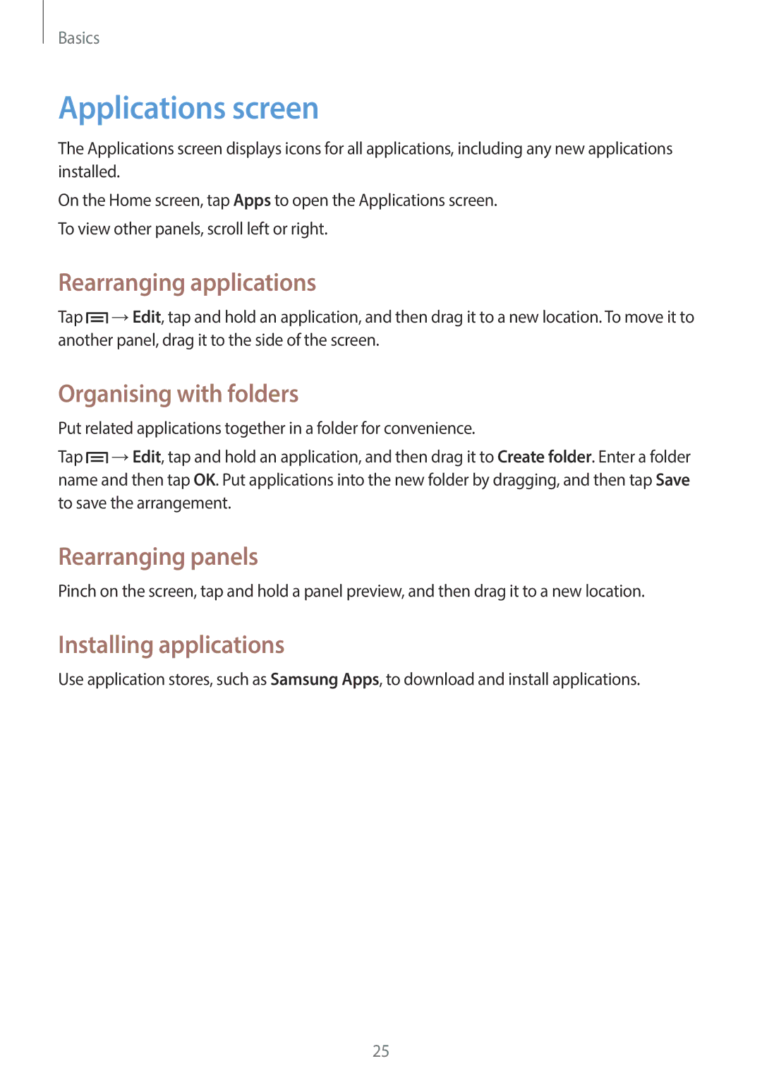 Samsung SM-T110 user manual Applications screen, Rearranging applications, Organising with folders, Installing applications 