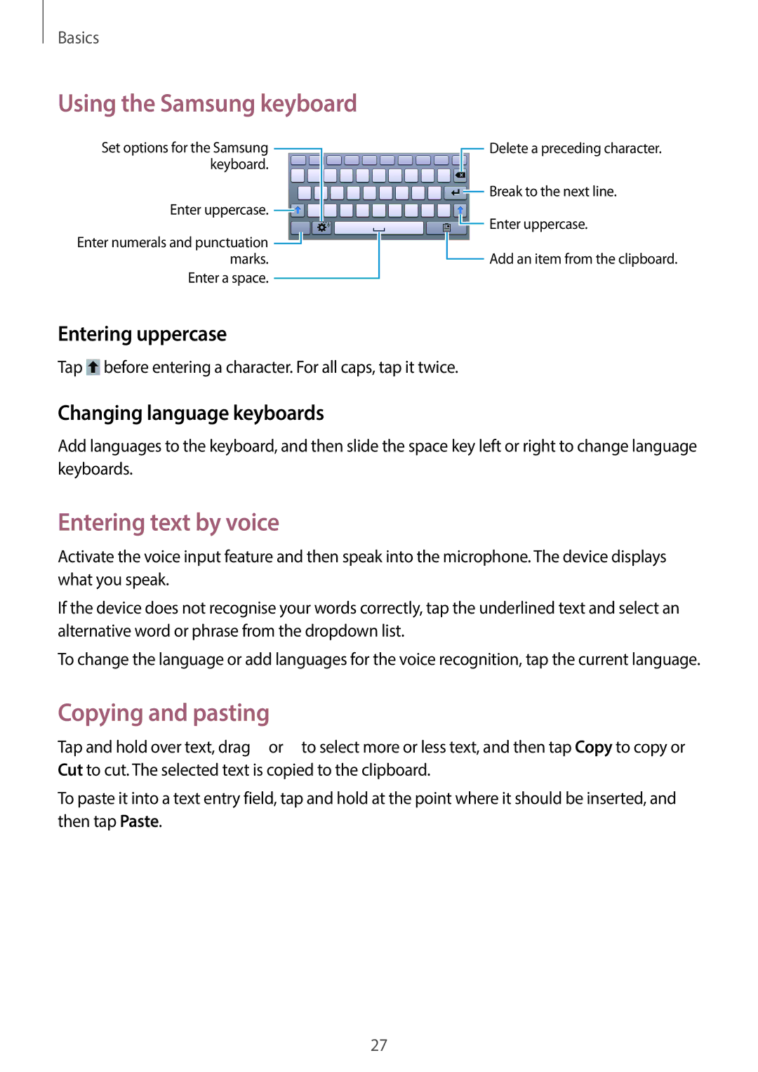 Samsung SM-T110 user manual Using the Samsung keyboard, Entering text by voice, Copying and pasting, Entering uppercase 