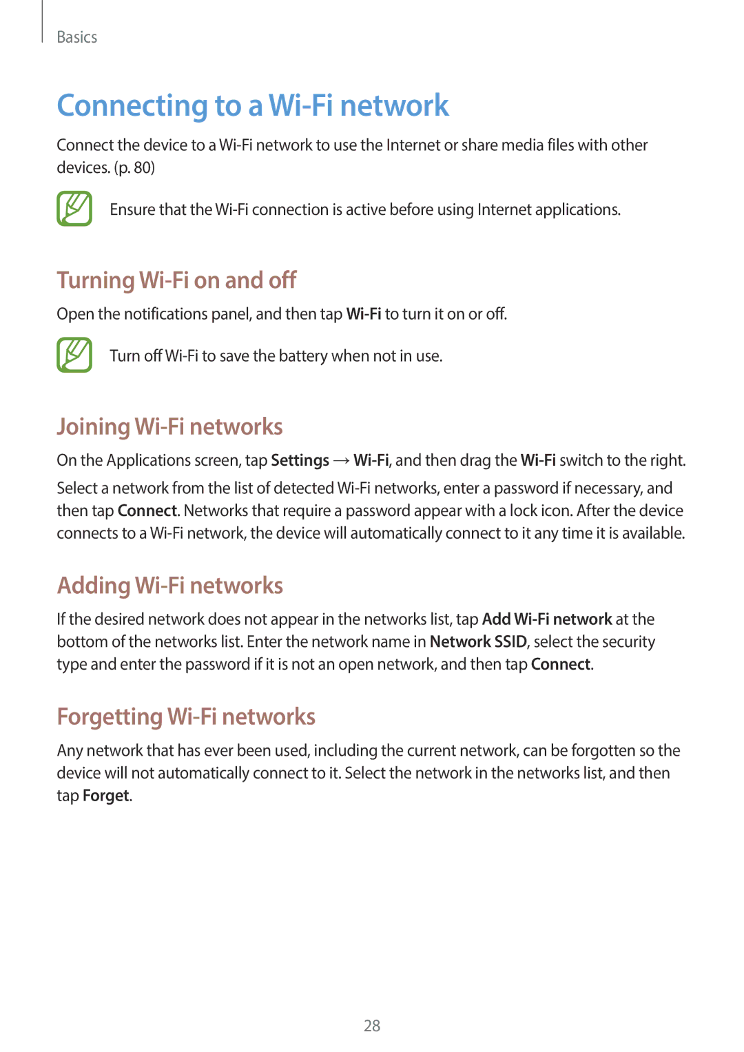 Samsung SM-T110 Connecting to a Wi-Fi network, Turning Wi-Fi on and off, Joining Wi-Fi networks, Adding Wi-Fi networks 