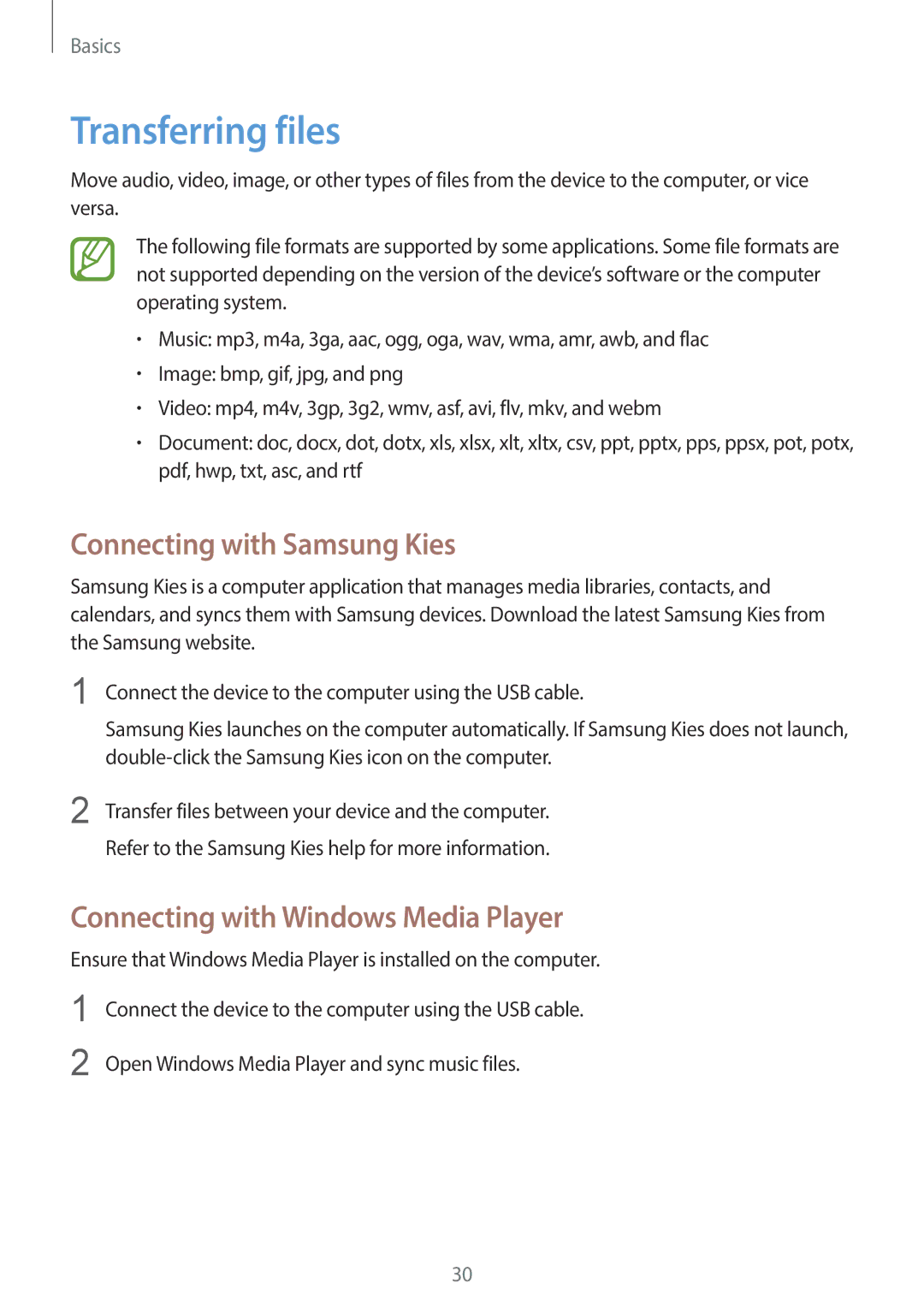 Samsung SM-T110 user manual Transferring files, Connecting with Samsung Kies, Connecting with Windows Media Player 