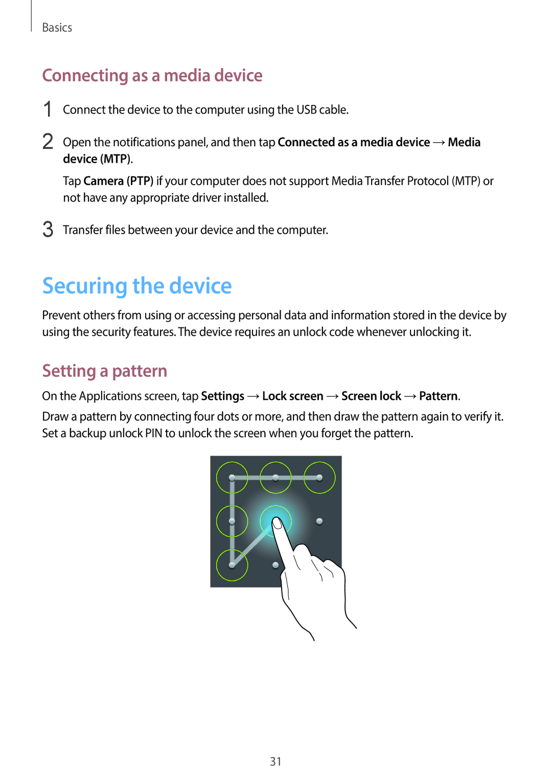 Samsung SM-T110 user manual Securing the device, Connecting as a media device, Setting a pattern, Device MTP 