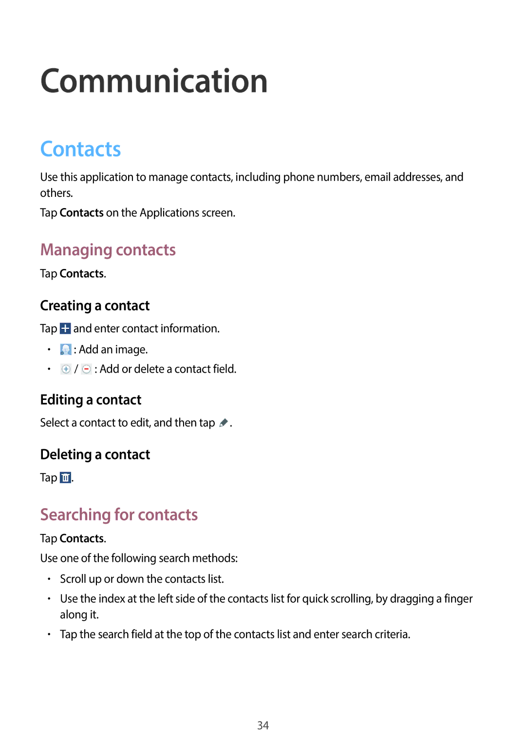 Samsung SM-T110 user manual Communication, Contacts, Managing contacts, Searching for contacts 