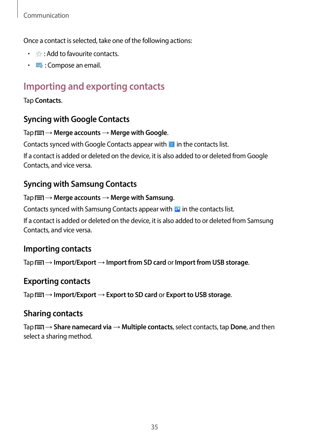 Samsung SM-T110 user manual Importing and exporting contacts 