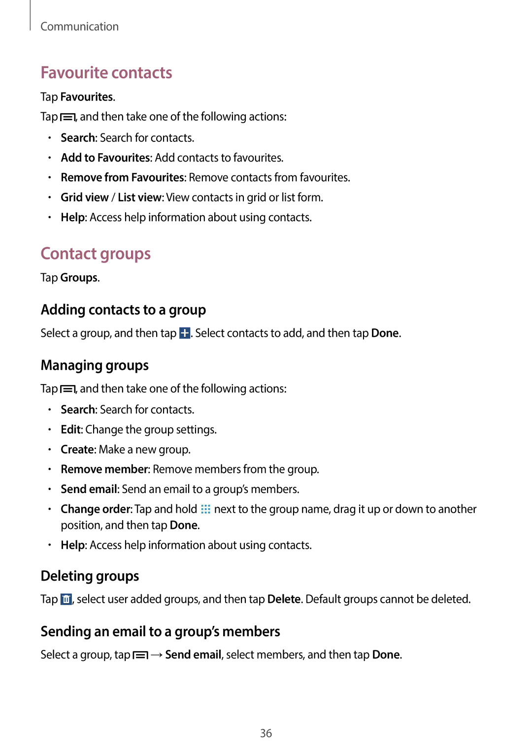 Samsung SM-T110 user manual Favourite contacts, Contact groups 