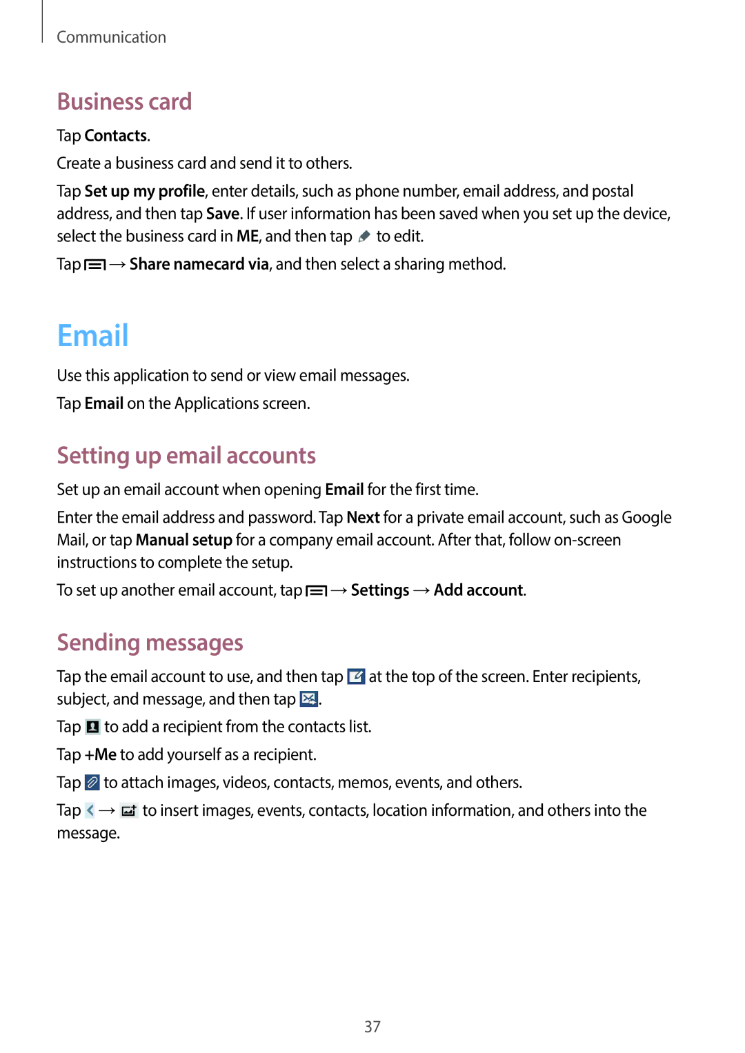 Samsung SM-T110 user manual Business card, Setting up email accounts, Sending messages 