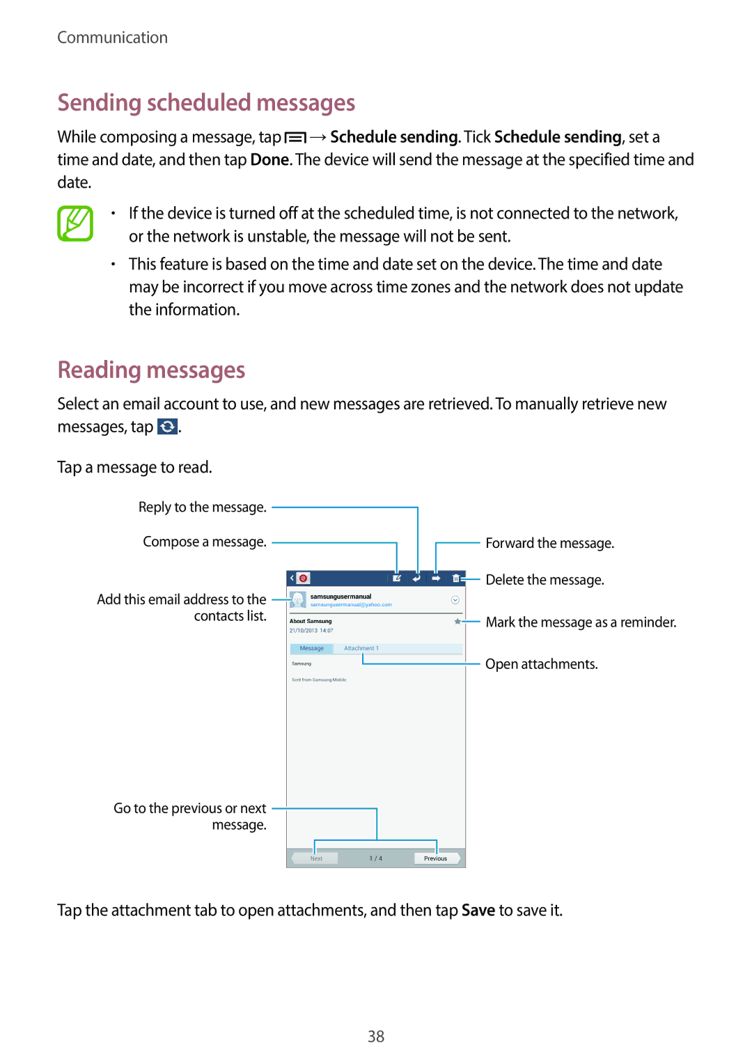 Samsung SM-T110 user manual Sending scheduled messages, Reading messages 