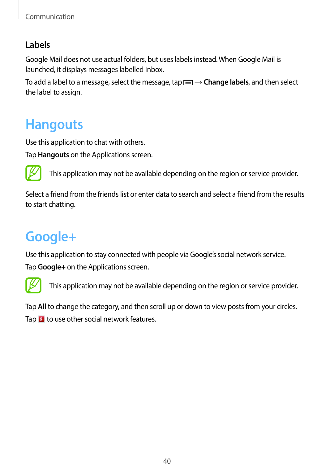 Samsung SM-T110 user manual Hangouts, Google+, Labels 