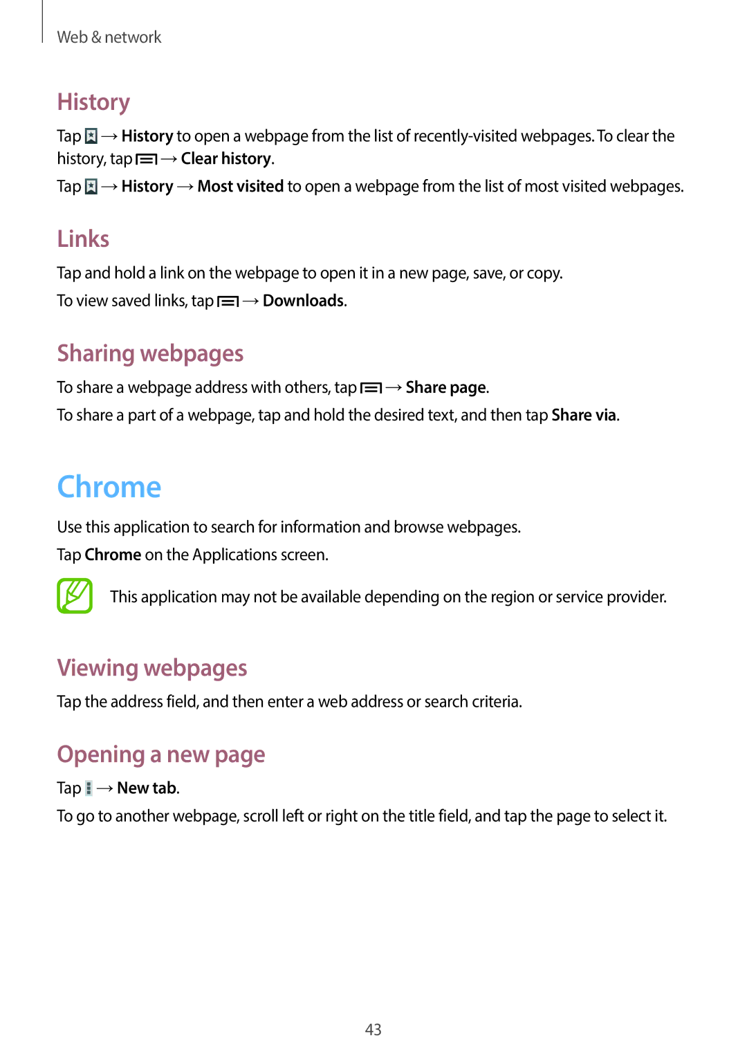 Samsung SM-T110 user manual Chrome, History, Links, Sharing webpages, Tap →New tab 